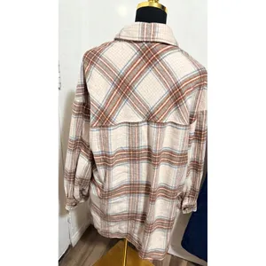 Timing Womens Plaid Oversized Shacket‎ Button Up Flannel Jacket Tan Blue L thumbnail 5