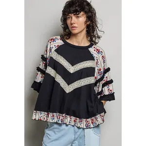 POL Round Neck‎ Half Sleeve Contrast Floral Lace Oversized Knit Top - Small thumbnail 4