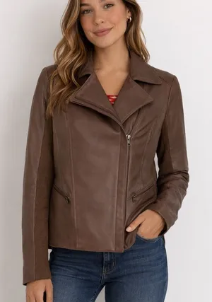 My Tribe Leather Moto Jacket Brown Full Zip Asymmetric Hem Biker Rocker XS Y2K thumbnail 1