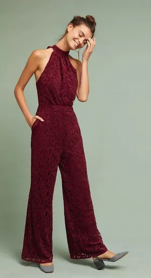 Ett:Twa Anthropologie Aida Halter Lace Jumpsuit in Burgundy thumbnail 1