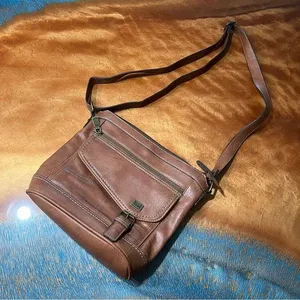 Born boc brown leather shoulder bag contrast stitching brass details thumbnail 1