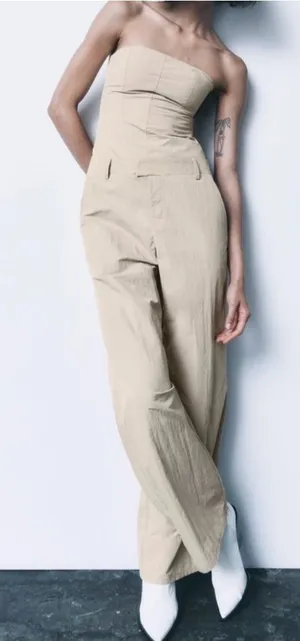 Zara Strapless Beige Jumpsuit Size L NWT thumbnail 1