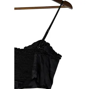 Zara Ruffled Satin Crop Top Adjustable Straps Front Buttons Smocked Back M Black thumbnail 5