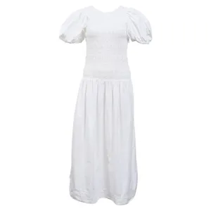 Ganni Smocked Poplin Midi‎ Dress in White Organic Cotton thumbnail 4