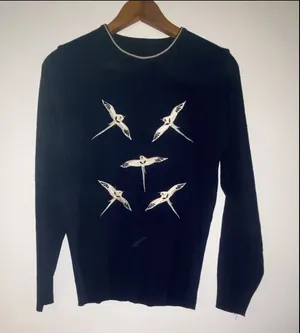 Navy Crew Neck Sweater with White Bird Motif Embroidered Vintage Coastal thumbnail 1