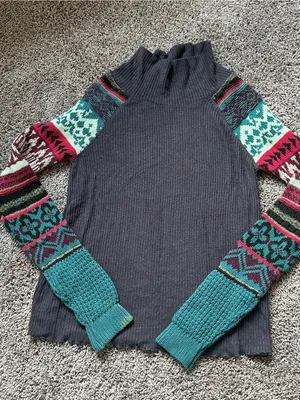 Free People Charcoal Turtleneck Sweater with Teal & Burgundy Patterned Sleeves thumbnail 2