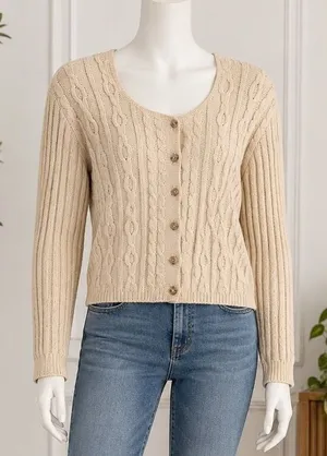 Expressions Womens Cardigan Vintage 90s Cable Knit Button Front Cream Medium thumbnail 1