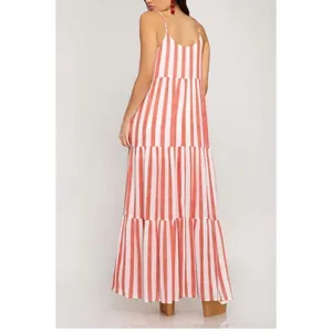 She + Sky Womens Striped‎ Adjustable Strap Tiered Maxi Dress White Coral Medium thumbnail 4