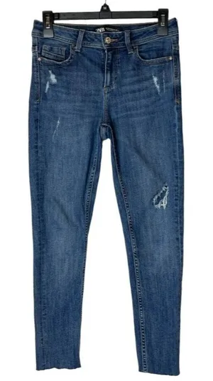 Zara Blue Medium Wash Denim Distressed Raw Cut Hem Skinny‎ Jeans 2 thumbnail 1
