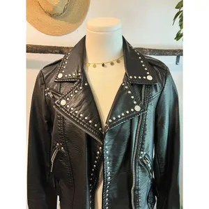Free People Black Vegan Leather Moto Studded Zip Up Jacket Size XS Oversized thumbnail 2