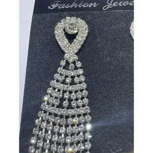 Silver Rhinestone Tassel Chandelier Dangle Earrings Glam Statement formal thumbnail 3