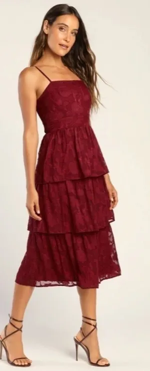 LULUS Prom Wedding Flowy Sexy FLoral Boho Tiered Ruffles Bustier Midi Dress thumbnail 1