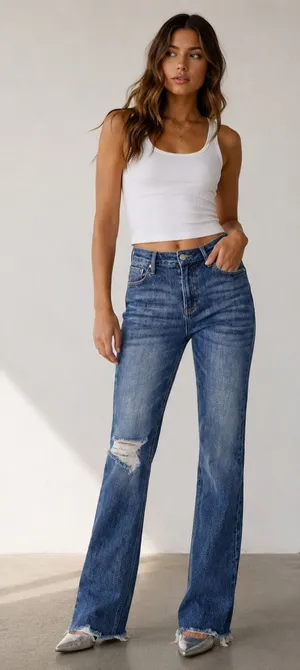 Risen High Rise Distressed Raw Hem Long Inseam Straight Leg Denim Jeans thumbnail 1