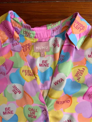 Show Me Your Mumu Colorful Conversation Hearts Silky Pajama Set Sz S 💛🍄 thumbnail 10