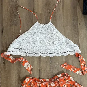 White Lace Crop Top and Orange Floral Skirt Set thumbnail 2
