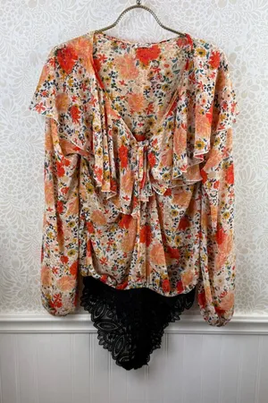 Free People Intimately Orange Floral Say It to Me Ruffle Bodysuit - Size - Small thumbnail 1