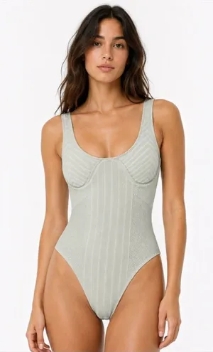 Anthropologie Mint Ribbed One Piece Swimsuit Sage Green Small Bodysuit Minimal thumbnail 1