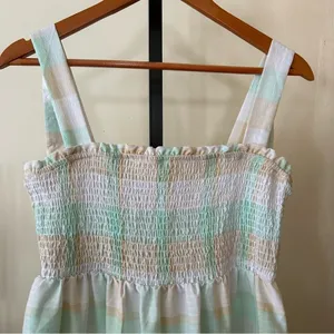 Moon River Tiered Ruffle Smocked Midi Dress Striped Plaid Boho Sleeveless Size S thumbnail 2