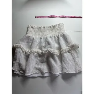 White Smocked Waist Tiered Ruffle Mini Skirt Textured Boho Cottagecore thumbnail 3