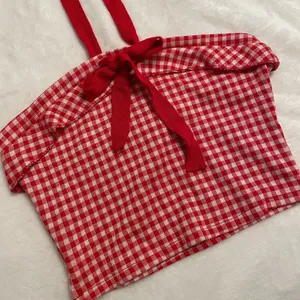 Cottagecore Farmhouse Babydoll Summer Red White Plaid Halter Ribbon Crop Top thumbnail 3