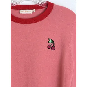Tory Burch Pink Red Cherry Embroidered Crewneck Knit Sweater M thumbnail 2