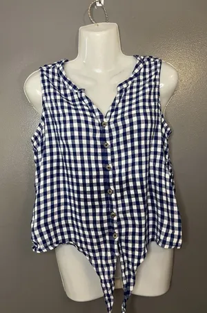 Natural Reflections Shirt Womens Large Blue Gingham Sleeveless Button Front Tie thumbnail 1