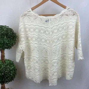 Free People White Sheer Crochet Lace Short Sleeve Top M thumbnail 3