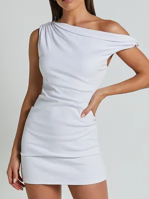 SHOWPO Clementine Ribbed Off The Shoulder Bodycon Mini Dress In White thumbnail 1