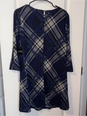 NWT Navy Plaid Long Sleeve Dress Size: S thumbnail 2