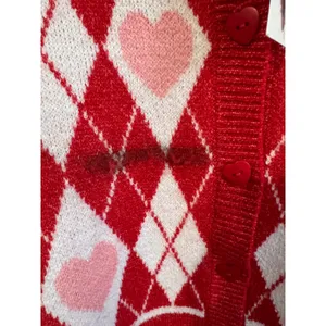 Jessica Simpson Heart Argyle Cardigan Sweater Red Pink White Size S NWT thumbnail 2