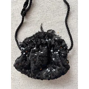 Sparkly Black Sequin Ruched Drawstring Evening‎ Bag thumbnail 2