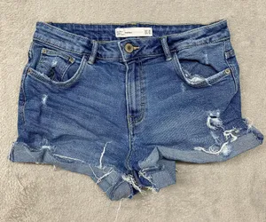 Zara Shorts Womens 4 Blue Zip Fly‎ Denim Jean Cut Off Low Rise Booty Ripped thumbnail 1