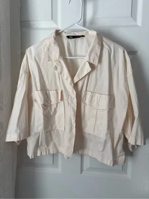 Zara Cropped Utility button front shirt women size L cotton front big pockets thumbnail 2