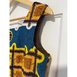 African Wax Print Fit and Flare Dress Blue Yellow Geometric Square Neck thumbnail 8