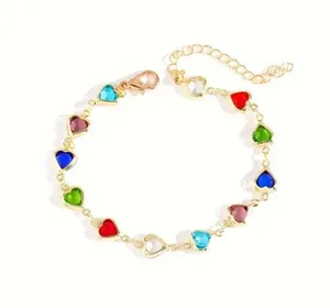 Elegant Heart Charm Bracelet in Gold with Multicolor Accents thumbnail 3
