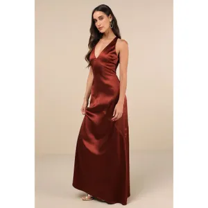 NWT Lulus Purely Elegant Rust Brown Satin Twist-Back Maxi Dress Bridesmaid Sz M thumbnail 2