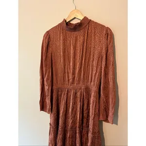 Madewell Mockneck Ruffle Hem Mini Dress Cheetah Jacquard Smocked Brown Copper M thumbnail 3