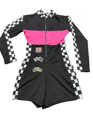 Checkerboard Racing Romper with Hot Pink Panel Black Size M thumbnail 1