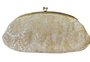 VTG Avon Kadin Gold Shimmer Floral Clutch Handbag Top Snap Satin Lining 10X5” thumbnail 1