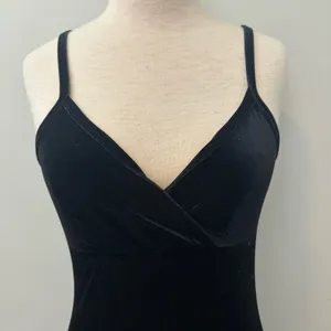Rave City Vintage Black velour velvet bodycon slit spaghetti strap dress medium thumbnail 3