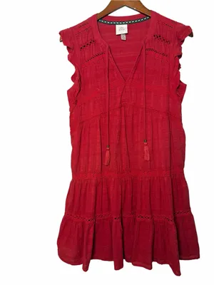 Knox Rose Red Boho Cotton Tiered Mini Dress Crochet Lace Tassel Tie Medium thumbnail 2