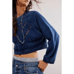 Free People Navy Blue Sweetness Sweatshirt Cropped Knit Slouchy Large thumbnail 8
