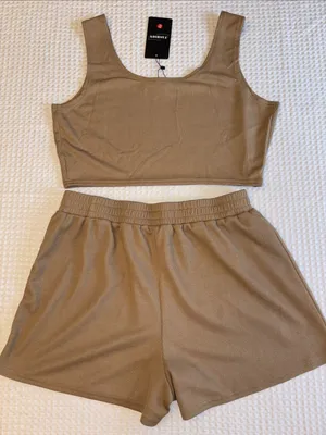 NEW Set! XL Ribbed Scoop Neck Crop Top & Elastic Waist Shorts Set Tan thumbnail 13