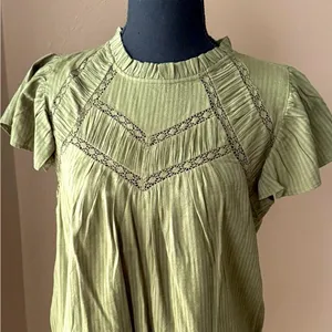 LOFT Dobby Stripe Shirred Ruffle Flutter Sleeve Tp in Olive Green. thumbnail 4