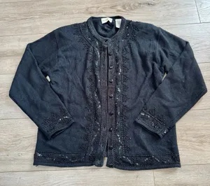 Jaclyn Smith Black Beaded Sequin Cardigan Wool Blend Knit Sweater Womens Medium thumbnail 1