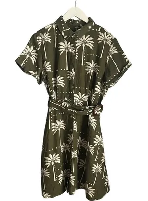Tahari Linen Blend‎ Dress Pockets Green Tropical Belted Vacation Resort Small thumbnail 1