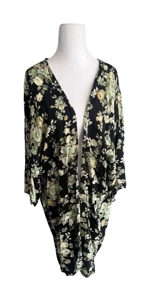 POL Womens‎ Floral Kimono Cardigan Black Green Boho Open Front One Size OS thumbnail 1