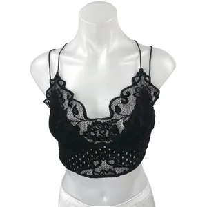 Free People Madonna Black Velvet Floral Lace Strappy Cami Bralette Top Size M thumbnail 2
