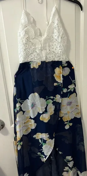 Lace Top Halter High Low Maxi Dress Womens Size Small Navy Blue Floral Wrap Skir thumbnail 1