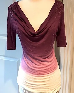 Vintage Y2K T-Party Ombre Cowl Neck Top with Rhinestones-Maroon/Purple Gradient thumbnail 1